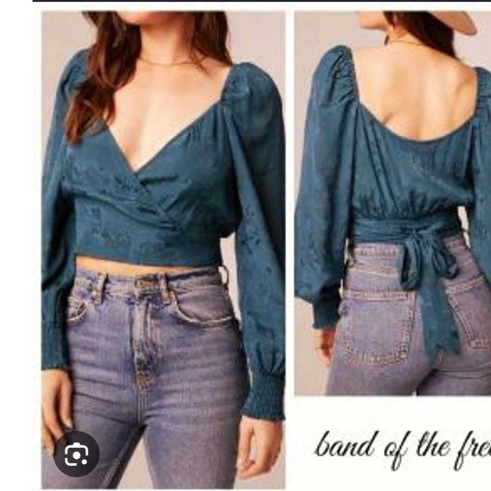 Band of the Free NEW Teal Satin Jacquard Puff Sleeve Wrap Tie Crop Top XS Beachy